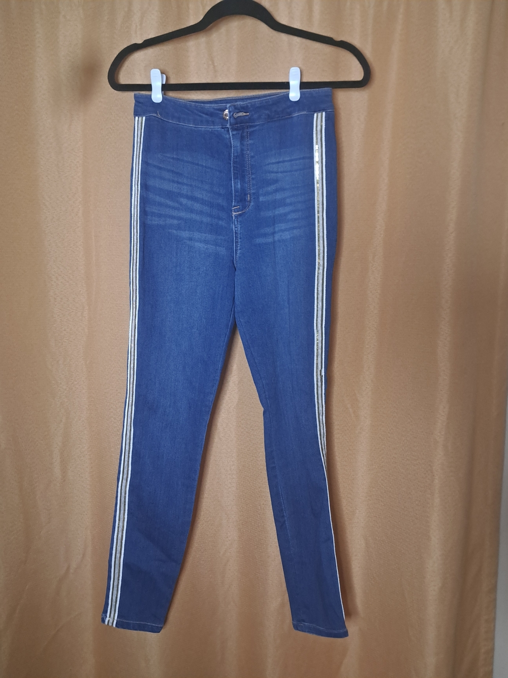High-Rise Skinny Jeans with White Side Stripes - Blue